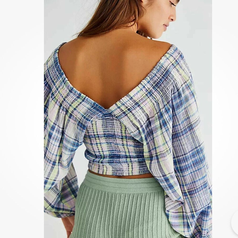Free People Marlena Plaid Reversable Gauze Smocked Top NWOT Size S - Picture 9 of 16